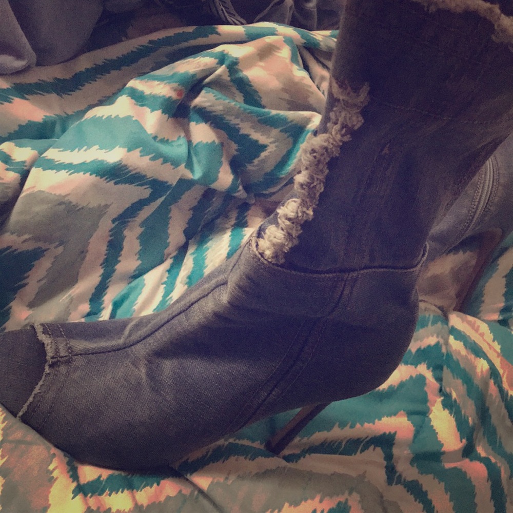 Denim open toe heels